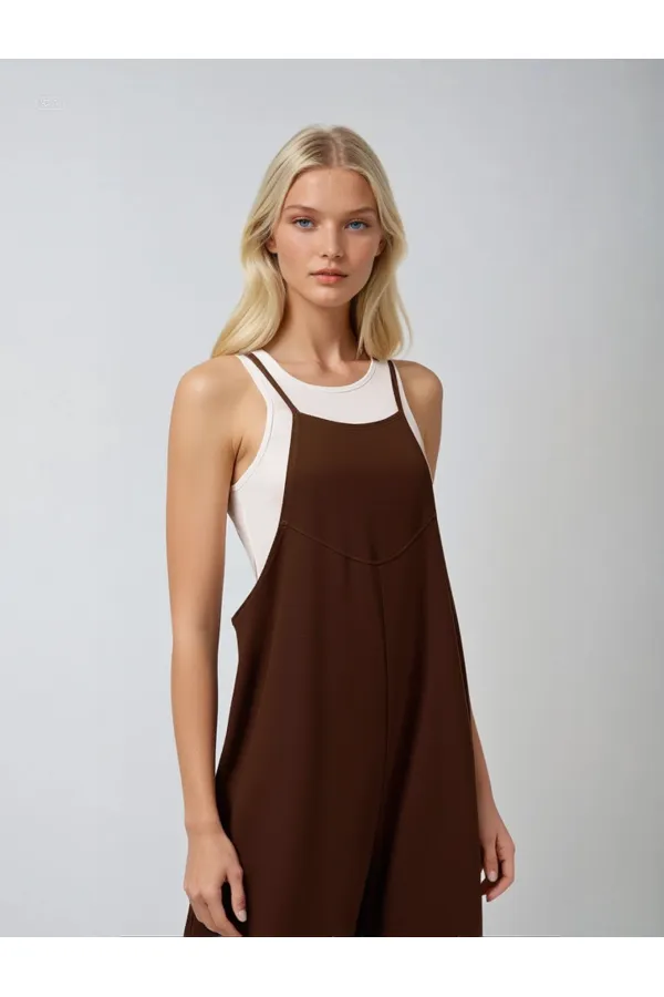 Kadın Çikolata Ayarlanabilir Askılı Cepli Bol Paça Bahçıvan Tulum HZL22S-BD170191