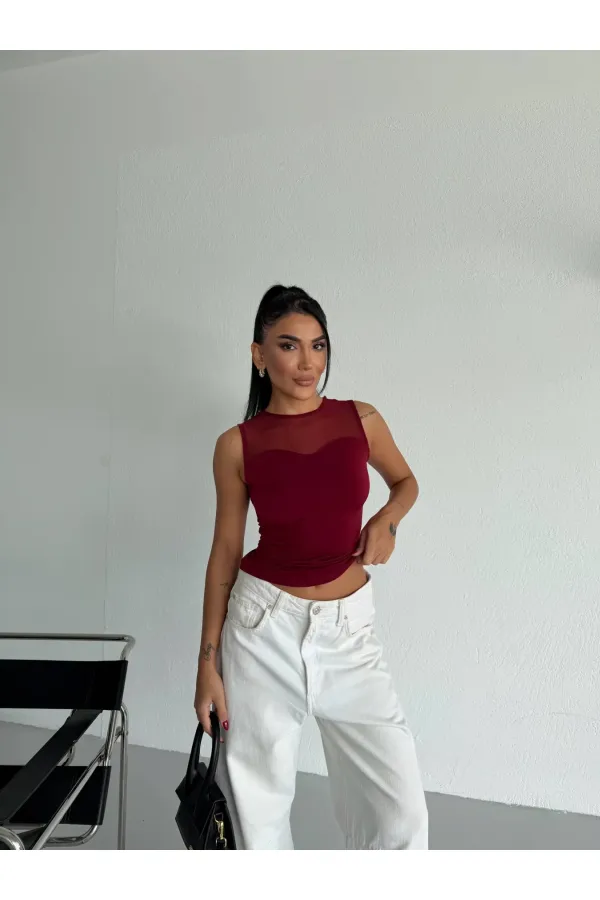 Kadın Bordo Kolsuz Likralı Tül Detay Sandy Bluz HZL26W-FRY123721