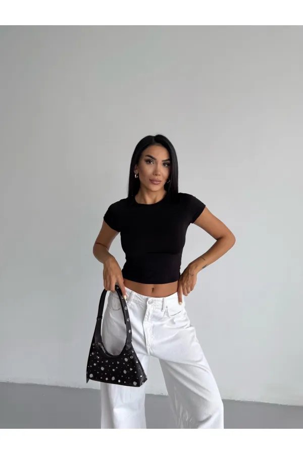 Kadın Siyah Bisiklet Yaka Sandy Bluz HZL25S-FRY123191