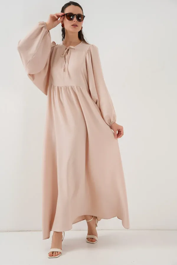 Robe longue hijab à manches ballon pour femme 2464 - Beige