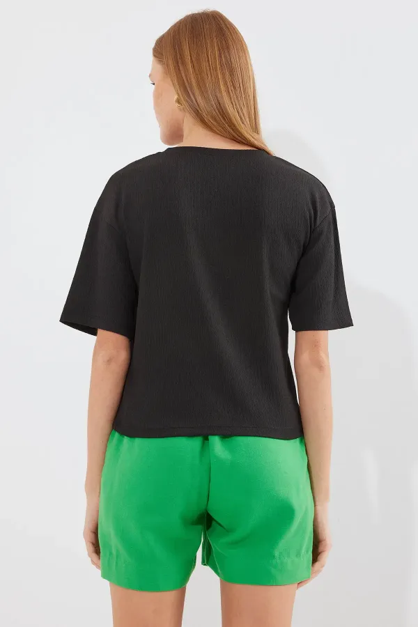 912 Printed Knitted Basic T-Shirt - Black