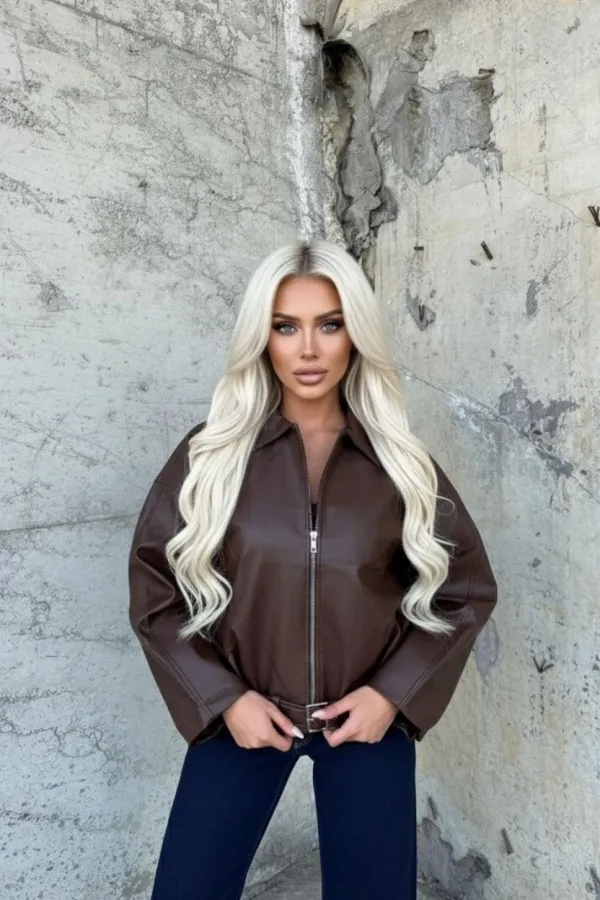 Kadın Kahverengi Fermuar Kapamalı Oversize Suni Deri Ceket HZL25W-BD110561