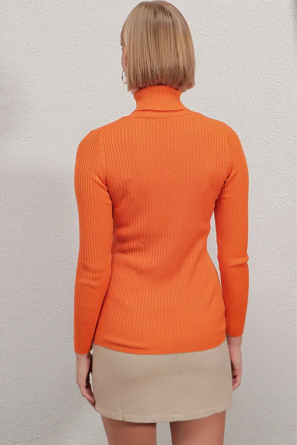 Pull col roulé côtelé orange pour femme HZL22W-BD1445001