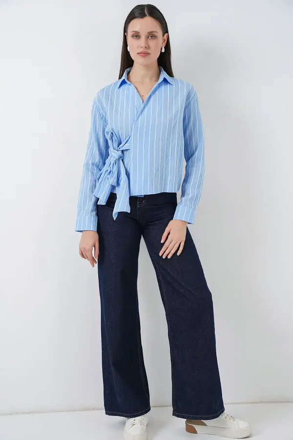 Women's Front Tie Striped Shirt 20362 - Blue