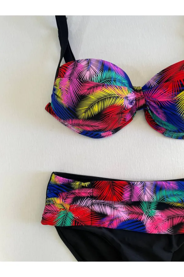 Kadın Siyah Sarı Kırmızı Çok Renk Desenli  Astarlı Büyük Beden Bikini Takımı HZL25S-LC06