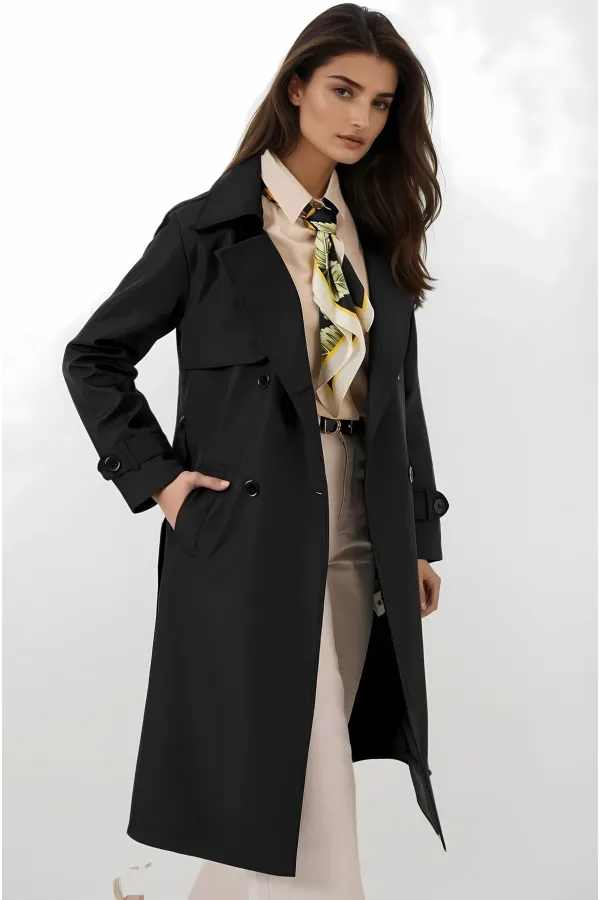 Kadın Siyah Kruvaze Yaka Kuşaklı Astarlı Trençkot HZL25W-BD159181
