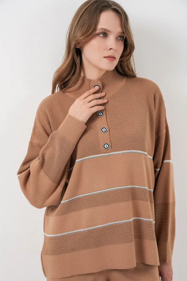 Ensemble deux pièces rayé oversize en maille pour femme 15957 - Camel