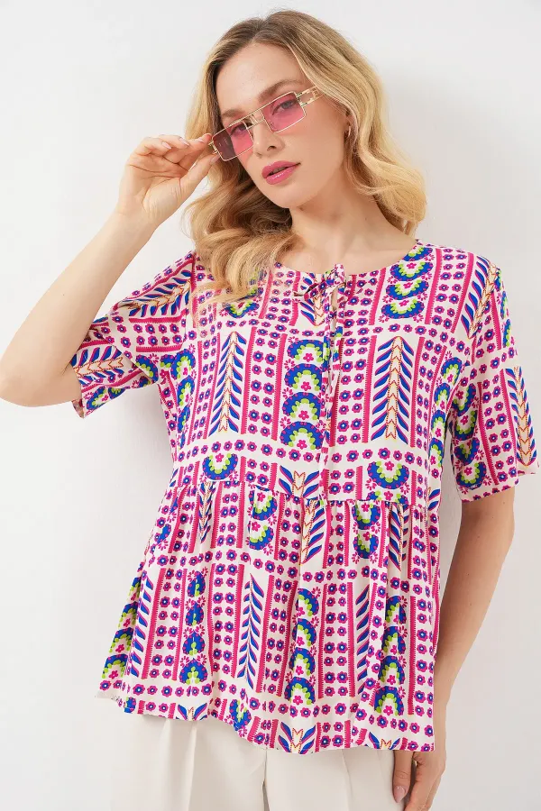 Women's Patterned Short-Sleeve Blouse 969 - Fuchsia