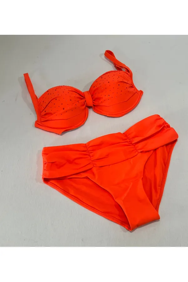 Women's Orange Stone Embroidered Lined Plus Size Bikini Set HZL25S-LC01