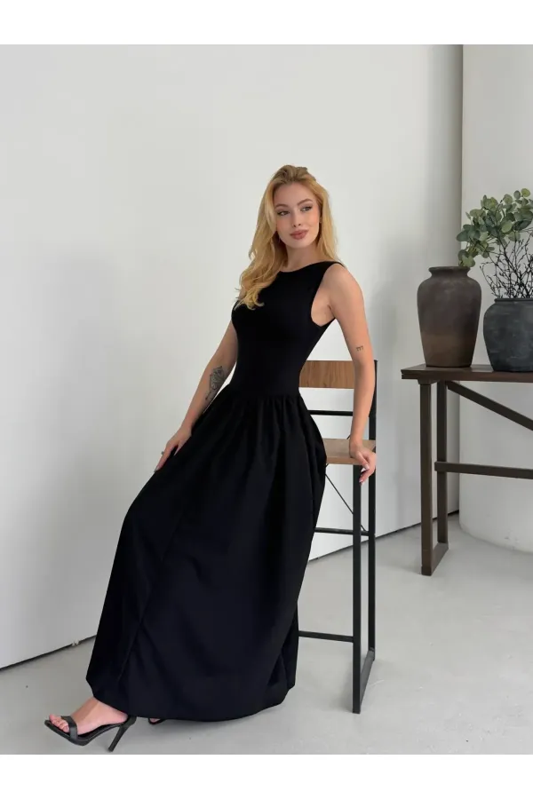 Kadın Siyah Bisiklet Yaka Üstü Esnek Viskon Alt Geniş Poplin Dokuma Kolsuz Elbise HZL26W-DSB1221