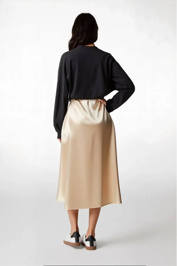 Women's Cream Satin Surface Elastic Waist Midi Skirt Hzl23s-bd1101471