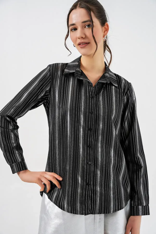 Women's Black Striped Foil Pattern Shirt 20253