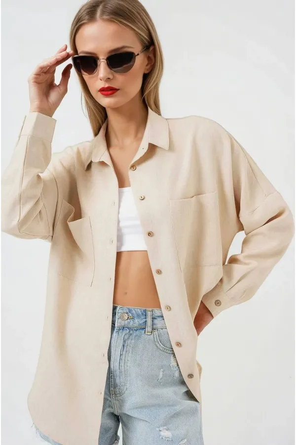 Kadın Bej Oversize Çift Cepli Keten Gömlek HZL22S-BD1201261