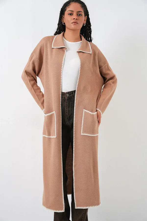 Gilet long oversize en maille pour femme 15962 - Camel