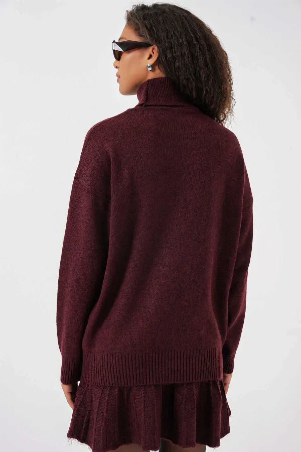 Kadın Mürdüm Kazak Etek Triko İkili Takım HZL25W-BD1102641