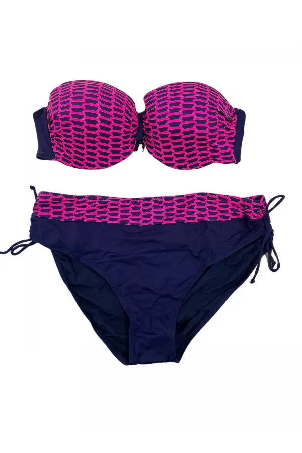 Kadın Fuşya Zincir Desenli Büyük Beden Astarlı Lacivert Bikini Takım HZL25S-LC3303