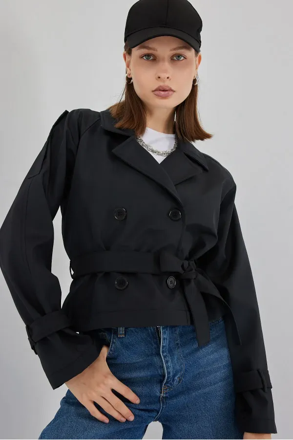 Trench-coat court ceinturé pour femme 5970 - Noir