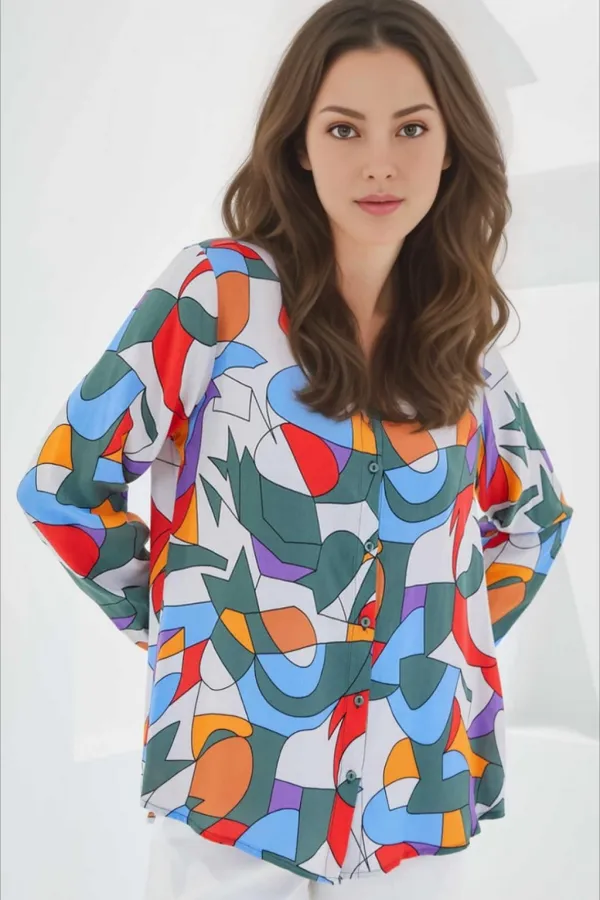 Kadın Haki Gri Mavi Kırmızı Geometrik Desenli Uzun Kolllu Oversize Viskon Gömlek HZL24S-BD1202251
