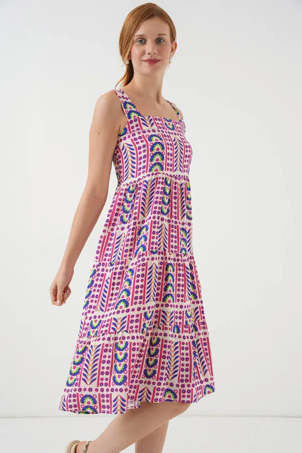 Robe midi à bretelles à motifs pour femme 2577 - Fuchsia