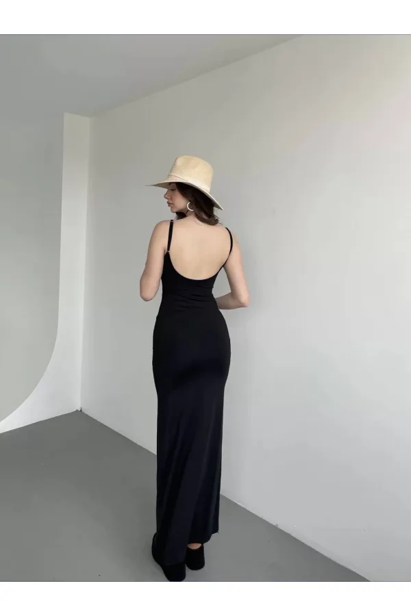 Kadın Siyah Sırtı Açık Yumuşak Dokulu Elbise HZL25S-ZK13281