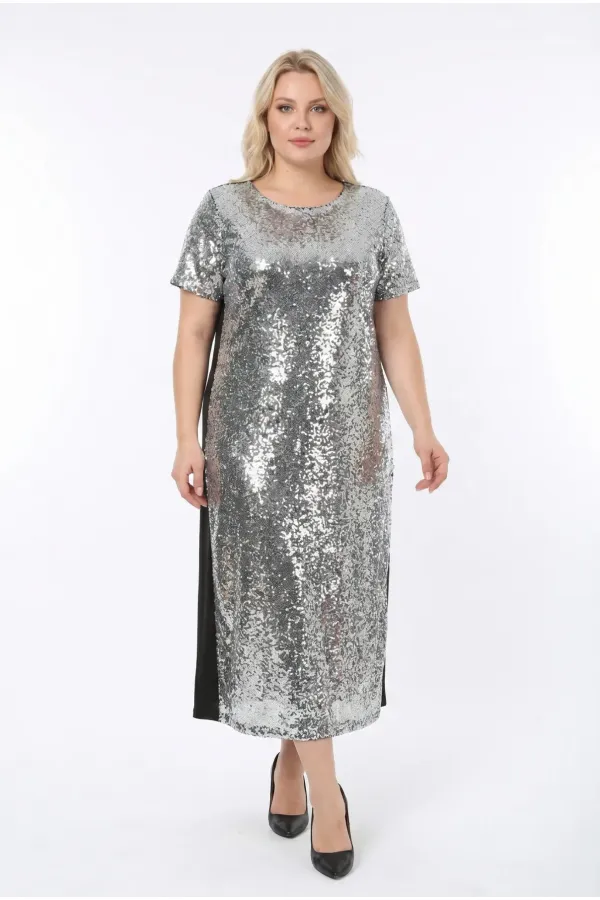 Kadın Gümüş Büyük Beden Payetli Uzun Abiye Elbise Şık Elbise HZL26S-PR11111