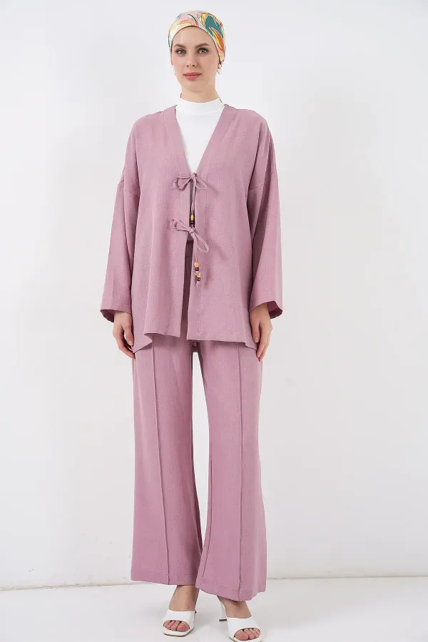 Kimono deux pièces en lin pour femme 6727 - Rose