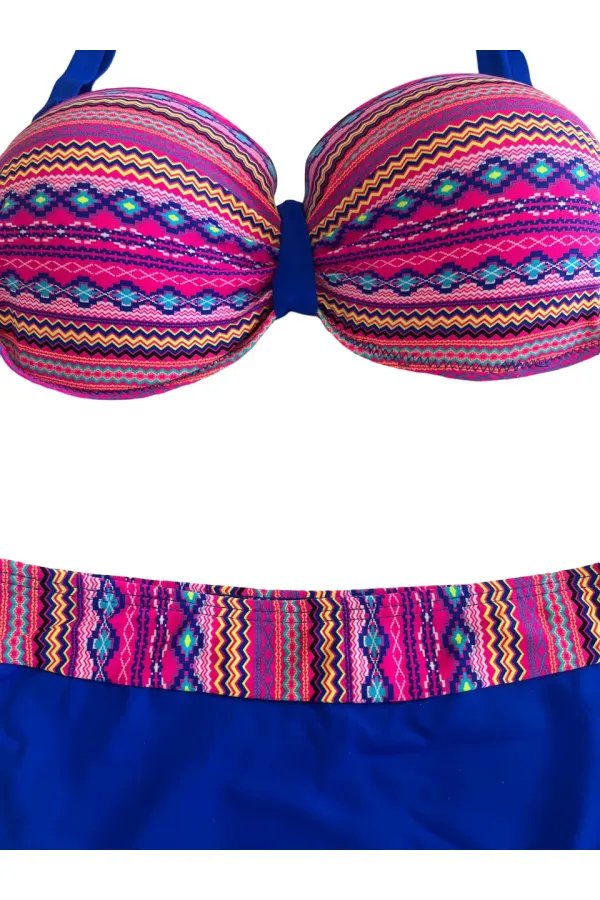 Ensemble bikini doublé à motifs ethniques bleu saxon rose pour femme HZL25S-LC22626