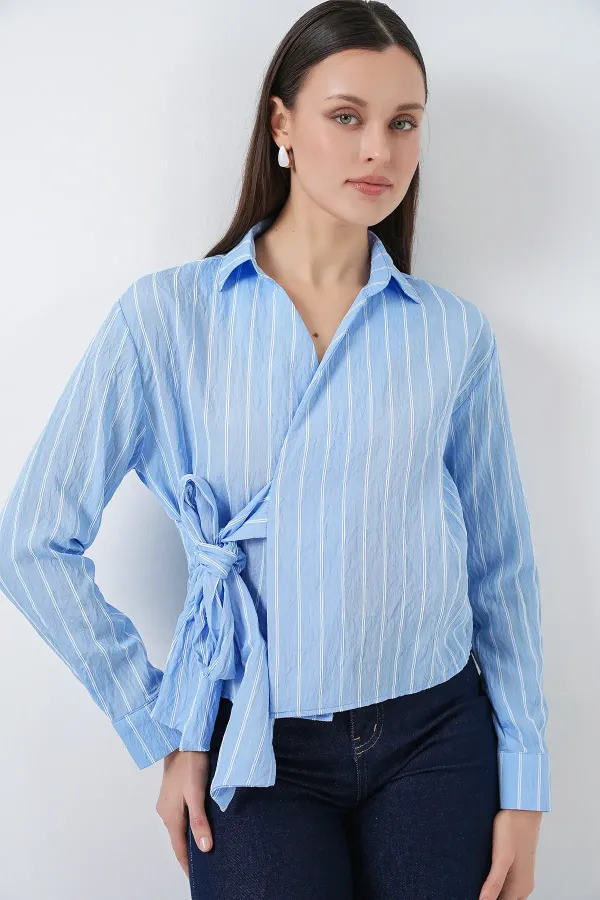 Women's Front Tie Striped Shirt 20362 - Blue