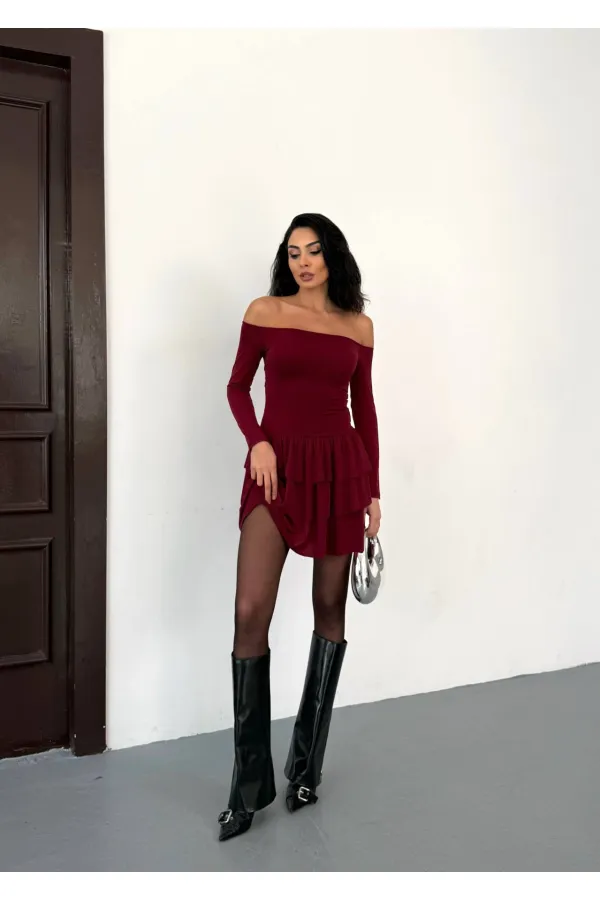 Women's Burgundy Strapless Neckline Layered Skirt Detail Mini Dress HZL25W-FRY123581