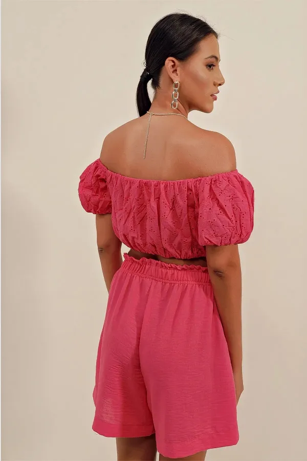 Kadın Koyu Pembe Carmen Yaka Bel Büzgülü Fistolu Straplez Bluz HZL23S-BD104811