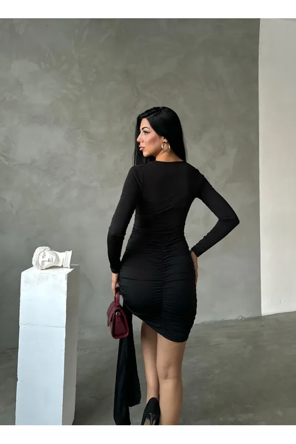 Kadın Siyah V Yaka Toka Ve Büzgü Detaylı Elbise HZL25W-FRY122611