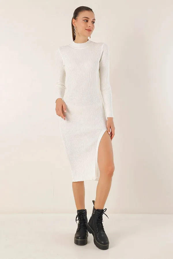 Robe mi-longue en maille blanche fendue à col roulé pour femme HZL24W-BD1101761