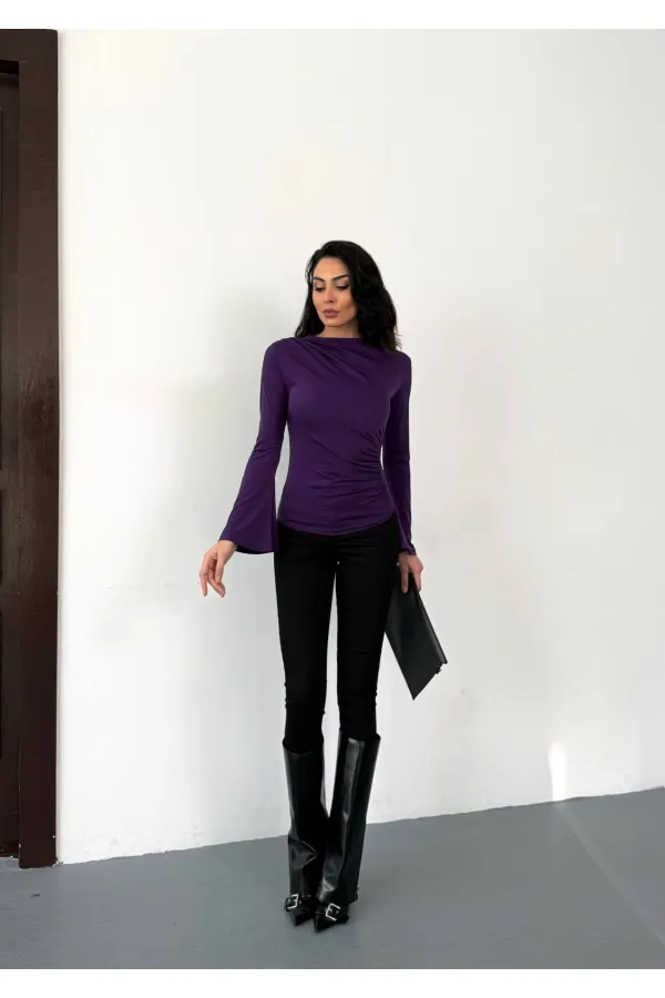 Kadın Mor Drape Detaylı İspanyol Kol Sany Bluz HZL25W-FRY123431