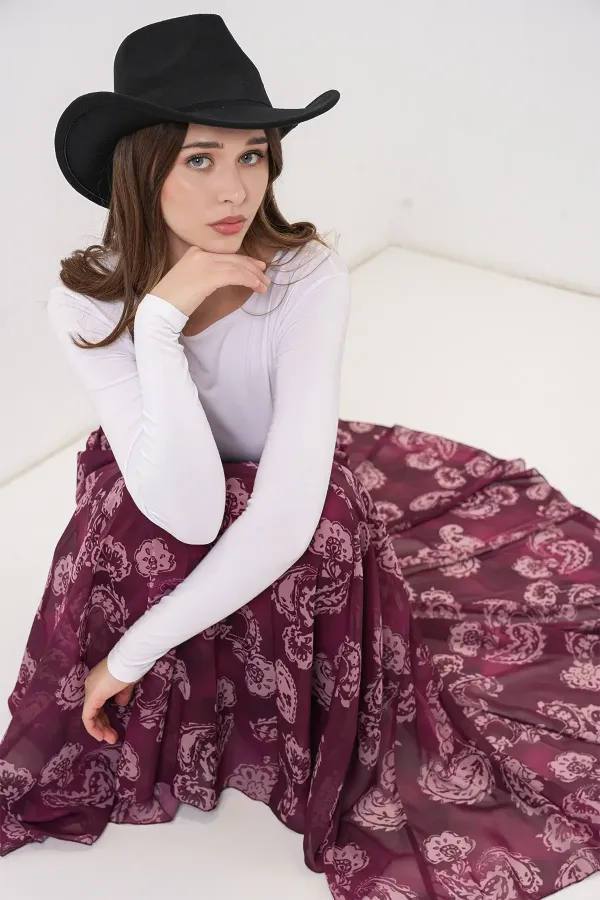 Women's Patterned Chiffon Skirt 8057 - Burgundy