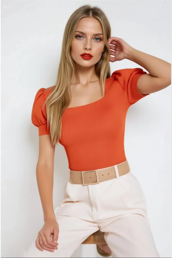 Kadın Oranj Kare Yaka Örme Bluz Hzl22w-bd104091