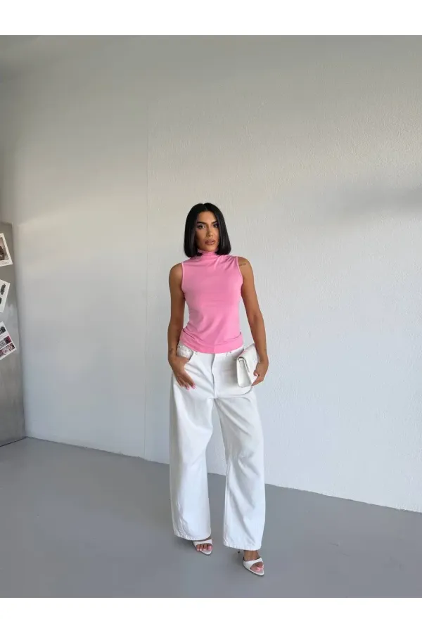 Women's Pink Turtleneck Sleeveless Sandy Crop Blouse HZL26S-FRY123931