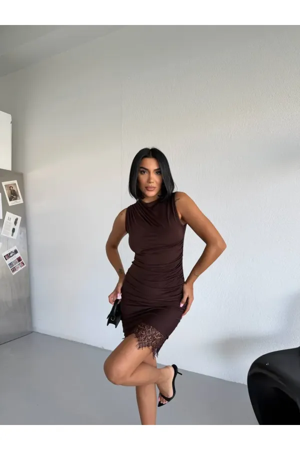 Women's Brown Sleeveless Lace Detail Sandy Mini Dress HZL26S-FRY123921 Women's Brown Sleeveless Lace Detail Sandy Mini Dress HZL26S-FRY123921