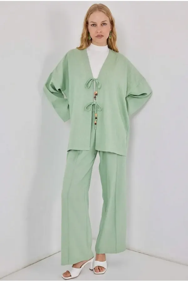 Kadın Çağla Yeşili Keten Bağlama Detaylı Kimono Pantolon İkili Takım HZL26S-BD167271