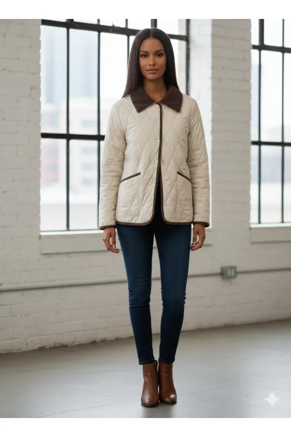 Manteau matelassé en velours crème à fermeture à pression pour femme HZL25W-BD152261