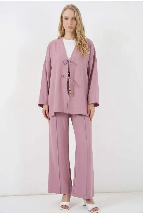 Kadın Gül Kurusu Keten Bağlama Detaylı Kimono Pantolon İkili Takım HZL26S-BD167271 Kadın Gül Kurusu Keten Bağlama Detaylı Kimono Pantolon İkili Takım HZL26S-BD167271