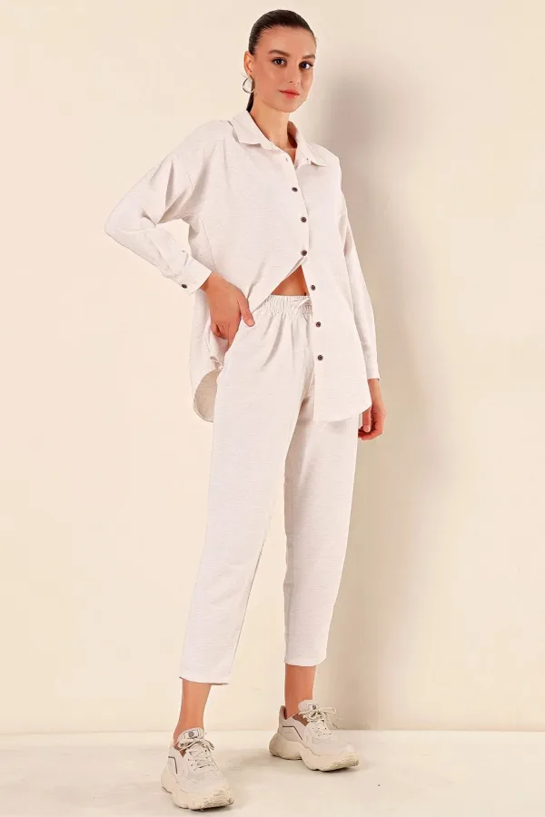 Kadın Krem Keten Gömlek Pantolon  Alt-Üst İkili Takım HZL23W-BD166221