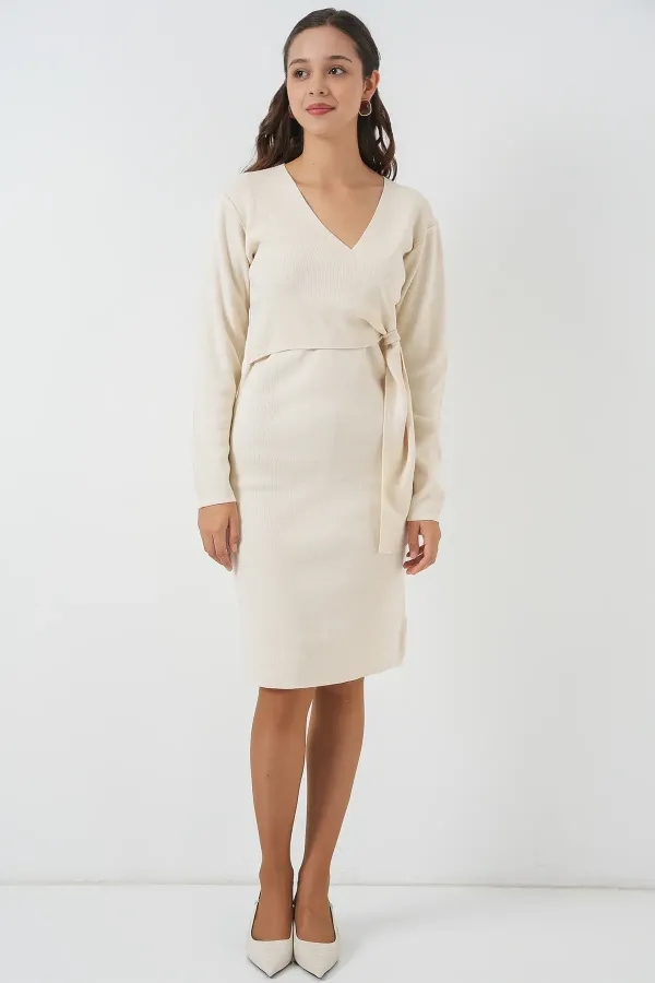 Women's Wrap Collar Knit Dress 15928 - Ecru