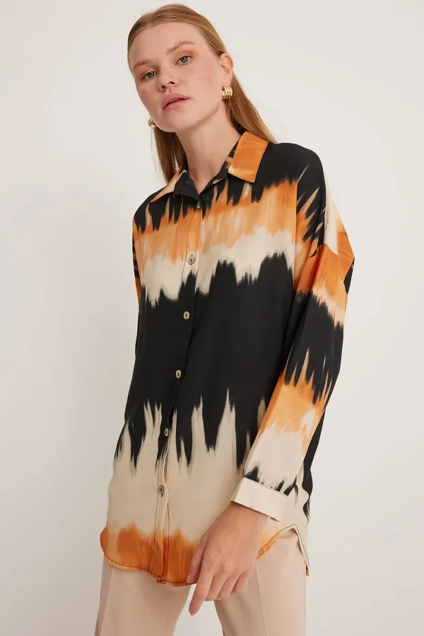 Women's Orange and Black Patterned Oversize Shirt 5923