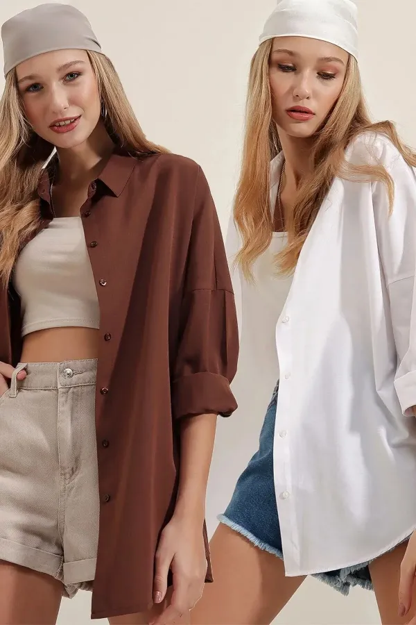 3900 Oversize Uzun Basic Gömlek İkili Paket - Beyaz Ve Kahve