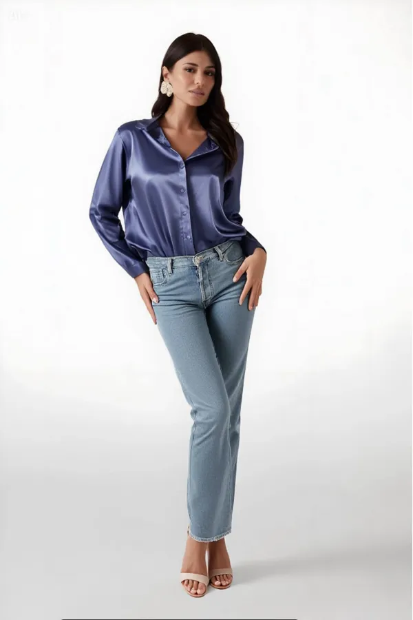Kadın Mavi Hafif Dökümlü Saten Yüzeyli Gömlek HZL22W-BD139641