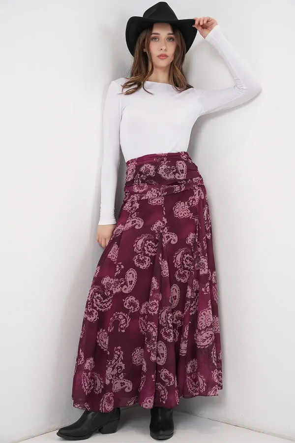 Women's Patterned Chiffon Skirt 8057 - Burgundy