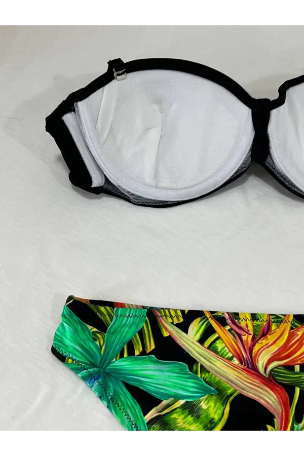 Kadın Siyah Taş İşlemeli Toka Aksesuarlı Astarlı Bikini Takım HZL25S-LC208