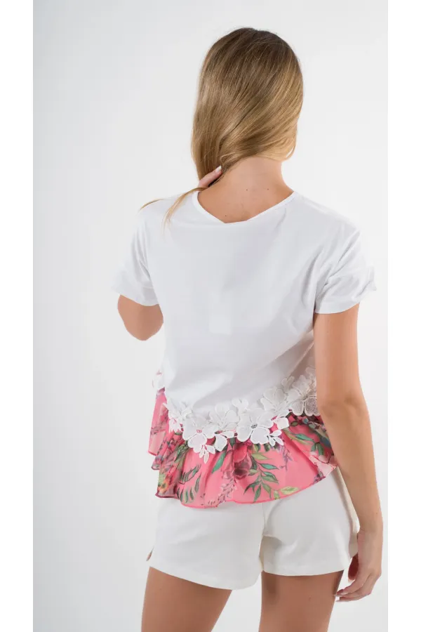 Kadın Beyaz Dantel Çiçek Desenli Bisiklet Yaka Bluz HZL24S-YY256