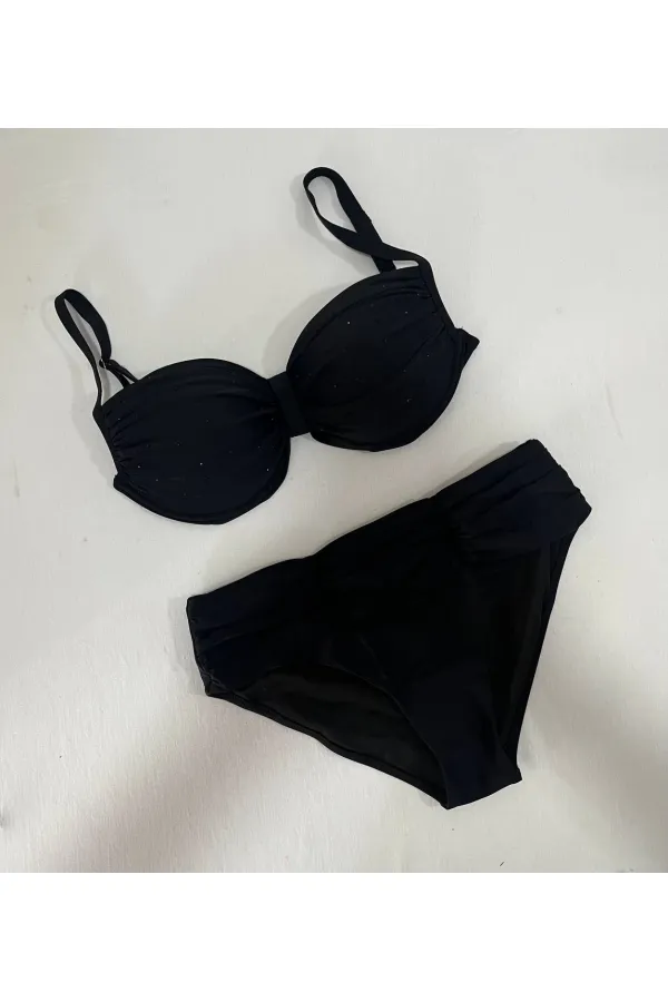 Kadın Siyah Taş İşlemeli Astarlı Büyük Beden Bikini Takımı HZL25S-LC01