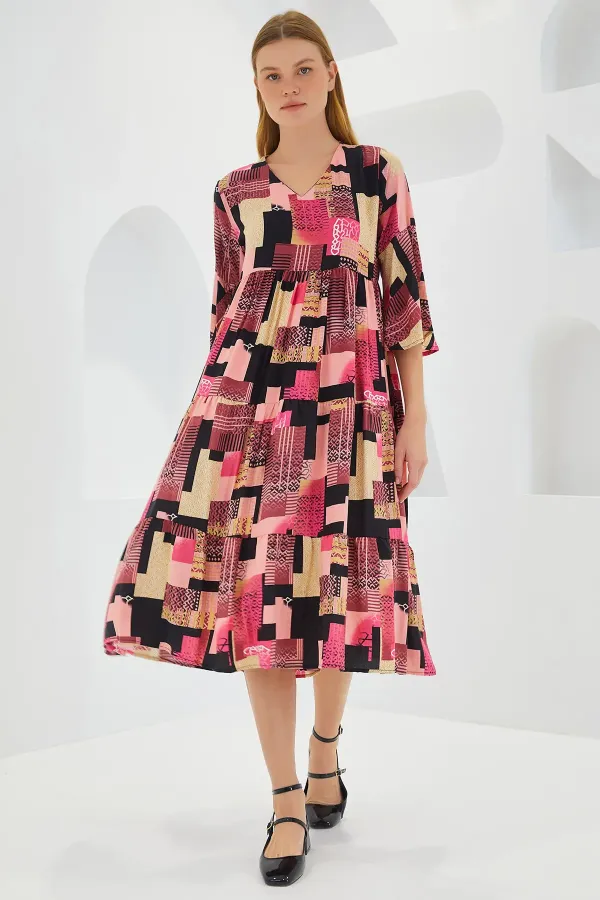 Robe courte en viscose à motifs fuchsia et noirs pour femme, manches courtes, 1959